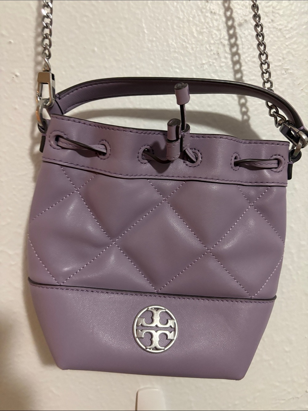Tory Burch Lavender Quilted Leather Drawstring Mini Bucket Bag